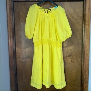 Draper James RSVP 1X Yellow Puff Sleeve Midi Dress Pockets Linen Blend Summer